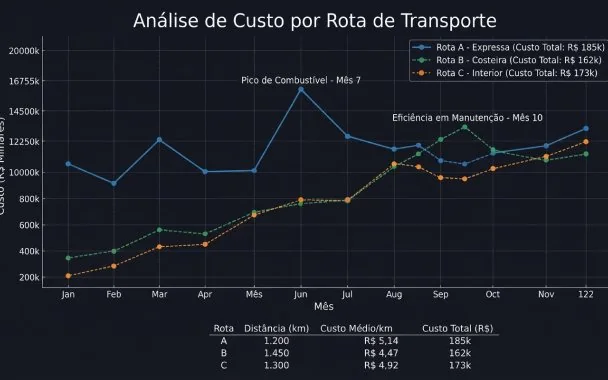 Gráfico de análise de custo por rota de transporte