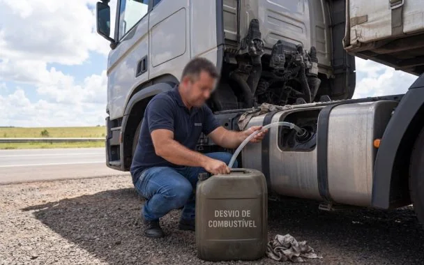 Motorista abastecendo um galão ao lado de um caminhão