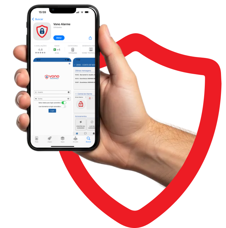 Aplicativo Vono Alarme exibido em smartphone