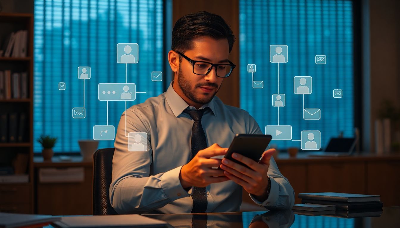 Profissional usando redes sociais para criar conexões com clientes, representando o conceito de Social Selling. 