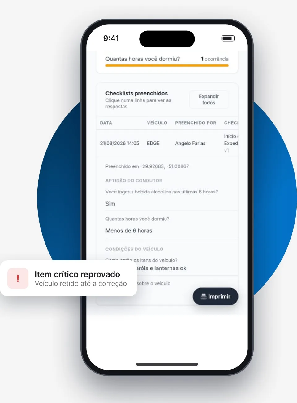 Checklist preenchido no app do motorista, com item crítico reprovado e veículo retido até a correção