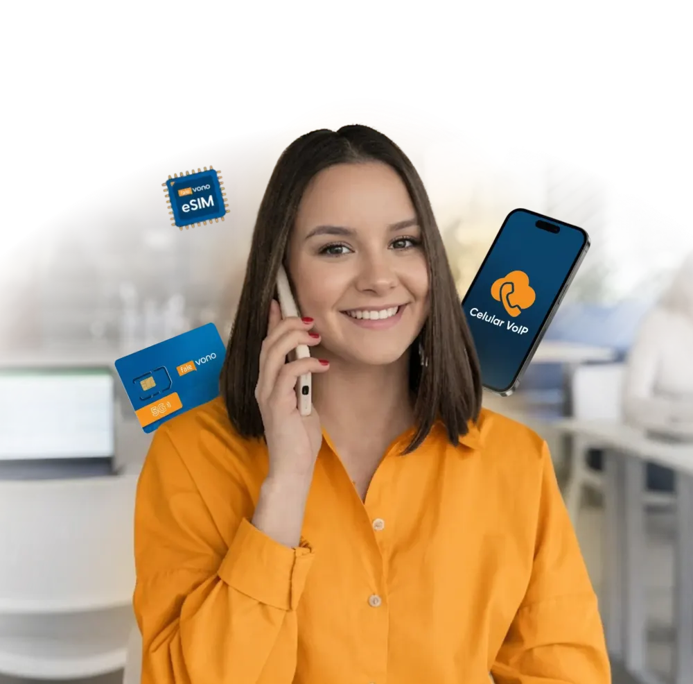 Profissional sorrindo ao telefone, cercada por um chip físico, um eSIM e o aplicativo de celular