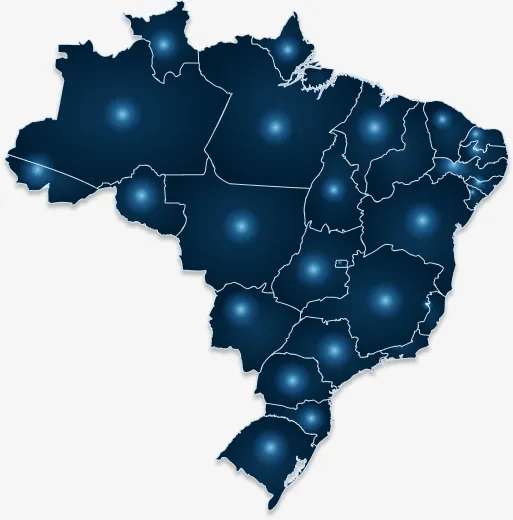 Mapa do Brasil destacado em azul, indicando a cobertura nacional