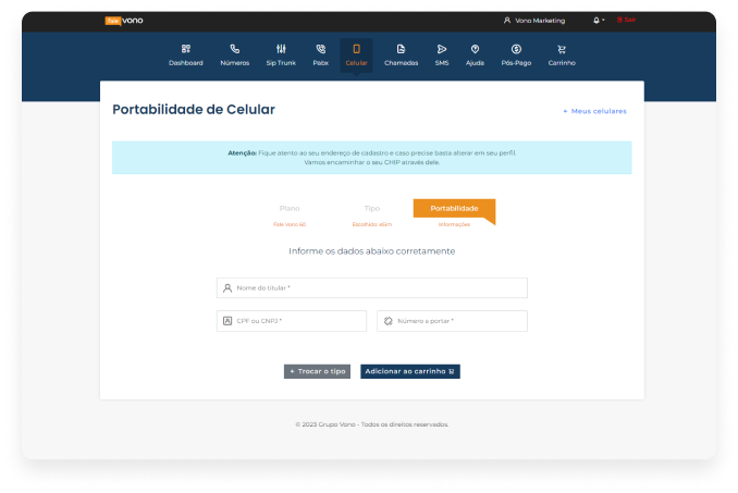 Formulário de solicitação de portabilidade de celular