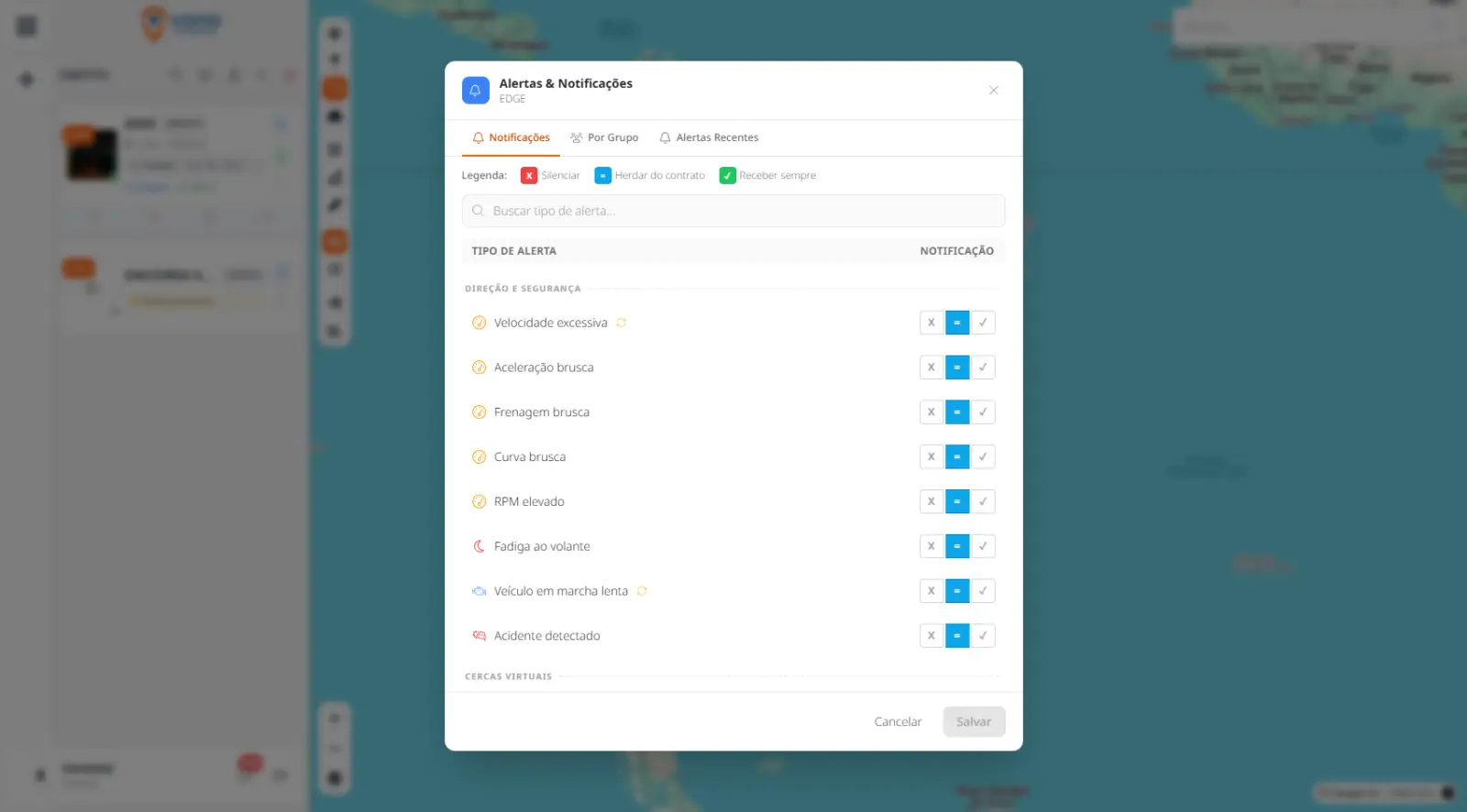 Tela de alertas da plataforma, com tipos de evento e a forma de notificação de cada um