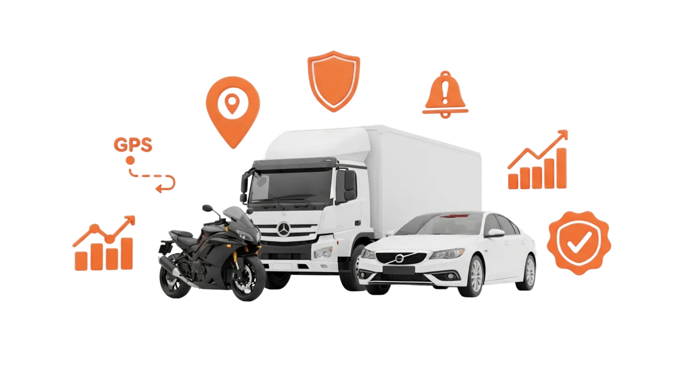 Ilustração de moto, caminhão e carro cercados por ícones de localização, alerta, segurança e relatórios