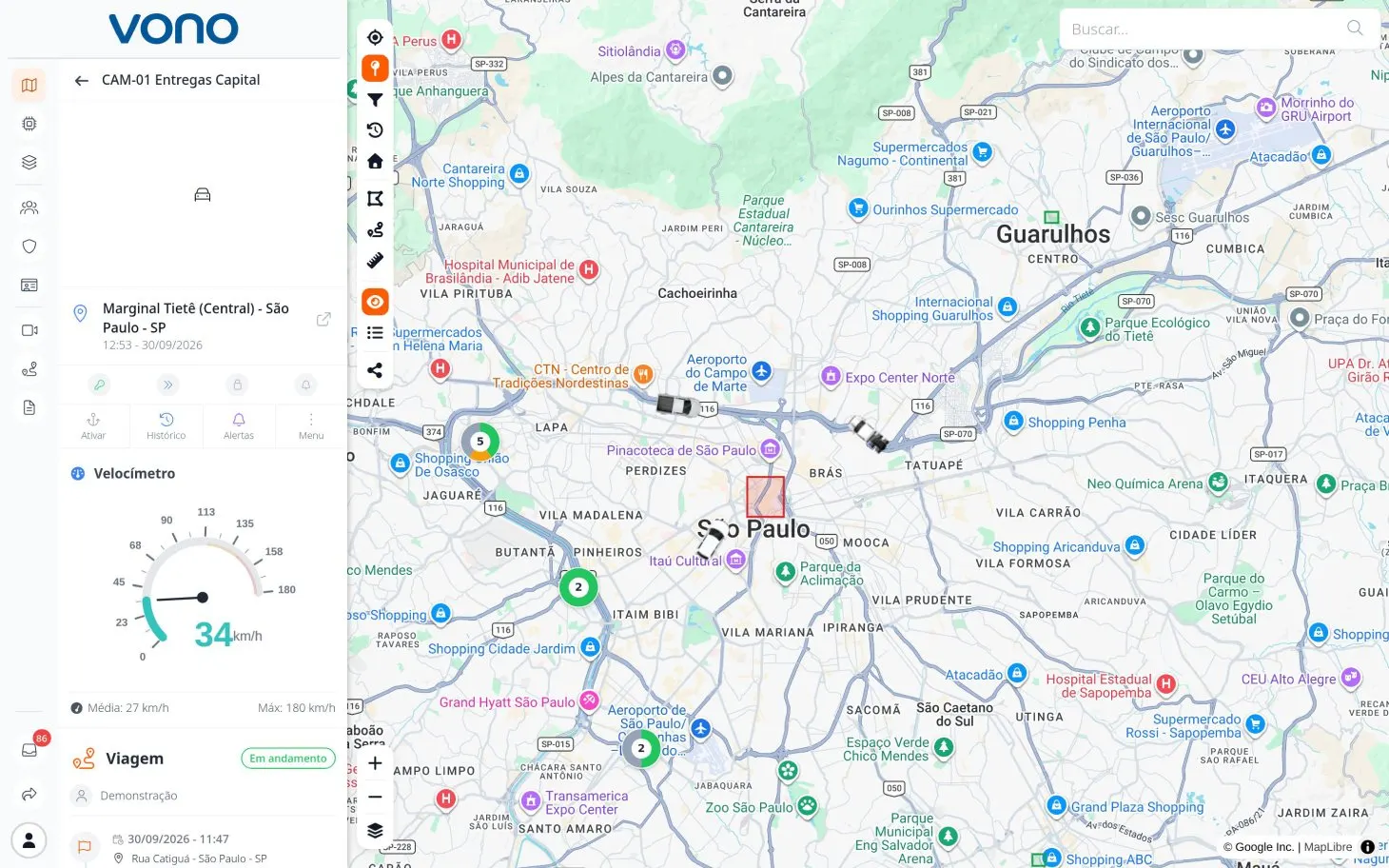 Plataforma de rastreamento com mapa, histórico de viagens e lista de posições