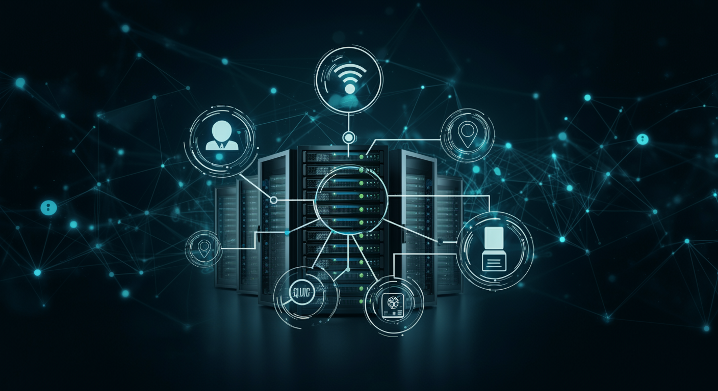 Ilustração de computadores interligados formando um cluster, simbolizando alta disponibilidade e balanceamento de carga. 